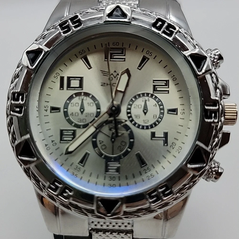 Silver Men’s 48mm Chronograph Style Quartz Watch - Silver Dial And 3 Link Band
